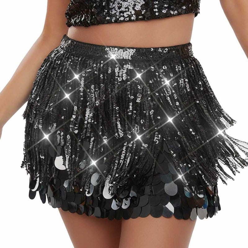 Brishow Christmas Sequin Fringe Skirt, Sparkly Tassel Belly Dance Hip Scarf Wrap Mini Skirt for Women - Image 1